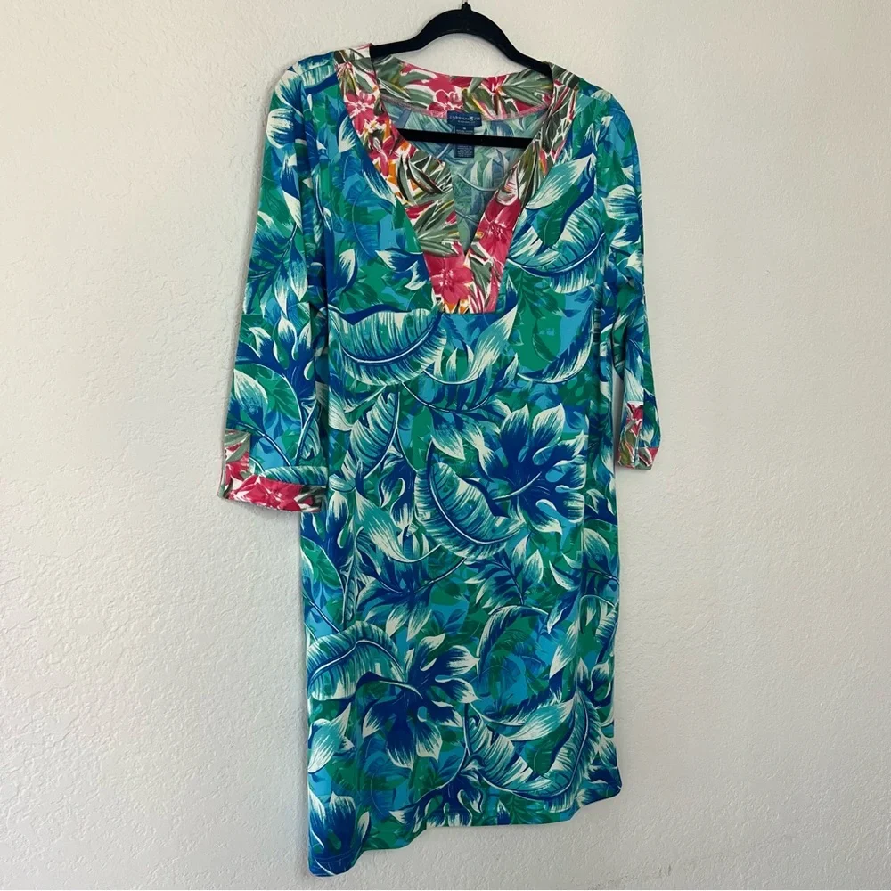Caribbean Joe Blue Tropical Slinky Sheath Dress Women’s Size Medium 3/4 Sleeve - Picture 2 of 7